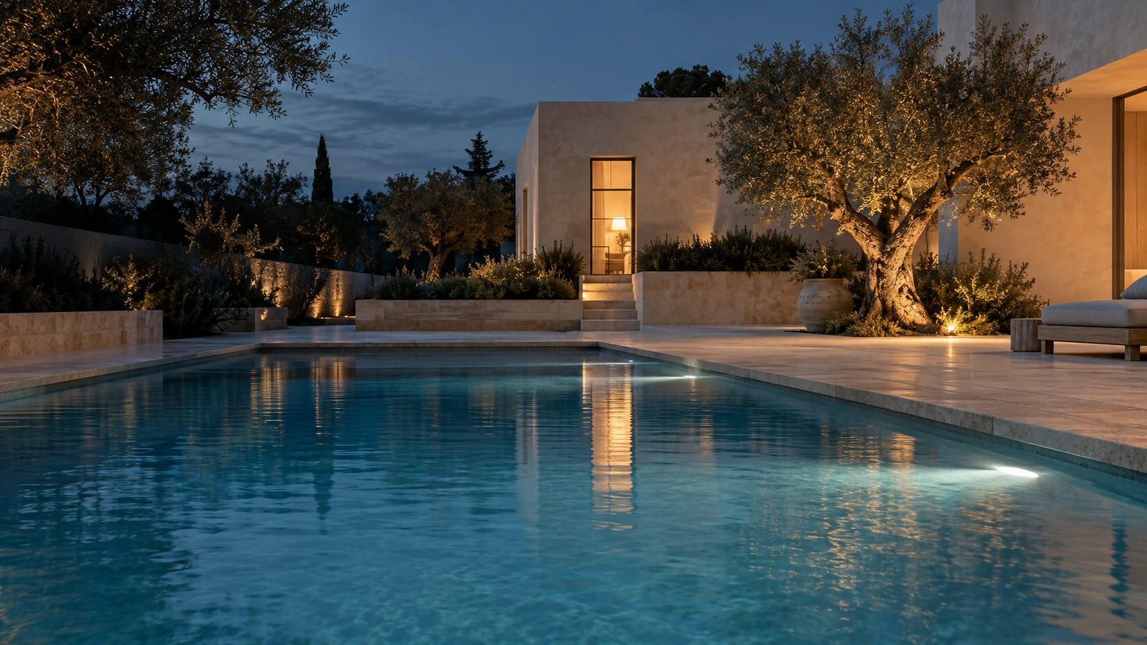 A refined limestone residence and luminous courtyard pool at blue hour